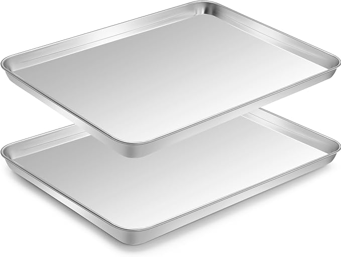 Small Baking Sheet of 2, CEKEE Stainless Steel Baking Pan Tray Cookie Sheet, Size 9 X 7 X 1 inch, Healthy & Non Toxic, Rust Free & Mirror Finish, Easy Clean & Dishwasher Safe