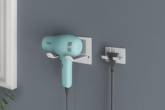 Self Adhesive Hair Dryer Holder Wall Mounted - Adhesive Bathroom Hair Blow Dryer Rack Organizer Compatible with Supersonic Hair Dryers (White)