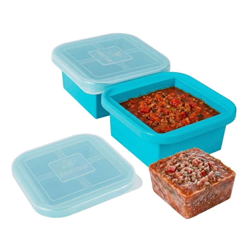 NAKTOW Silicone Freezing Tray with Lid - 2-Cup 4 Pack Freezer Containers,Make 1 Perfect Freezing,Storing Soups, Foods, Stews, Dips or Sauces Simple and Convenient Color Aqua