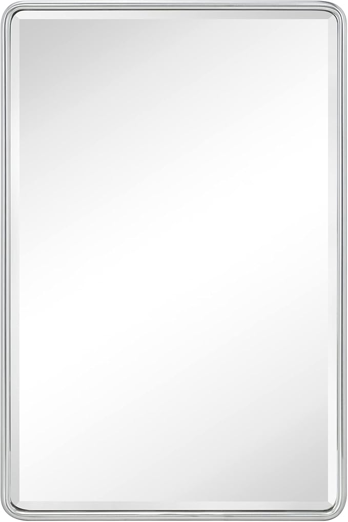 TEHOME Farmhouse Brushed Nickel Metal Framed Recessed Bathroom Medicine Cabinet with Mirror Rounded Rectangle Medicine Cabinet with Beveled Mirror 16x24''