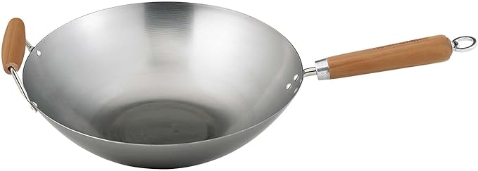 Helen's Asian Kitchen Carbon Steel Mini Wok, 8-Inch, Flat Bottom Chinese Stir Fry Pan With Rubberwood Handle For Single-Serve Stir Fry, Fried Rice, Noodles, And Asian Cooking