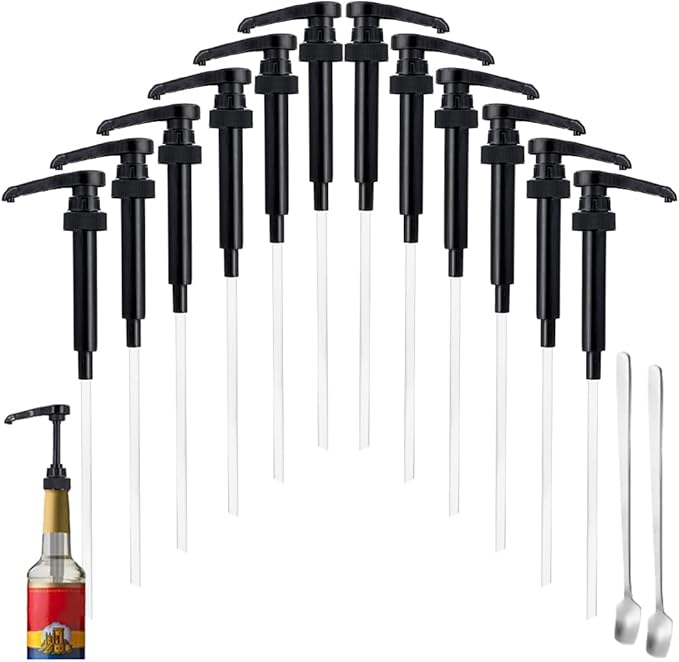 12 Pcs Black Coffee Syrup Pumps, Compatible with 25.4 Oz/750ml Bottles, Great for Home & Coffee Bar Drinking Mixes, Tea, Beverage, Cocktails, Plus Spoons