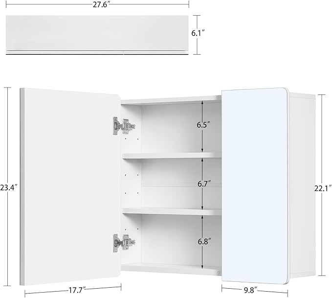 TEENFON Medicine Cabinet with 2 Mirror Doors, 2 Adjustable Shelves, Mount or Recessed Bathroom Medicine Cabinet, Medicine Cabinet Mirror for Bathroom, White, 27.6 x 22.1 inch