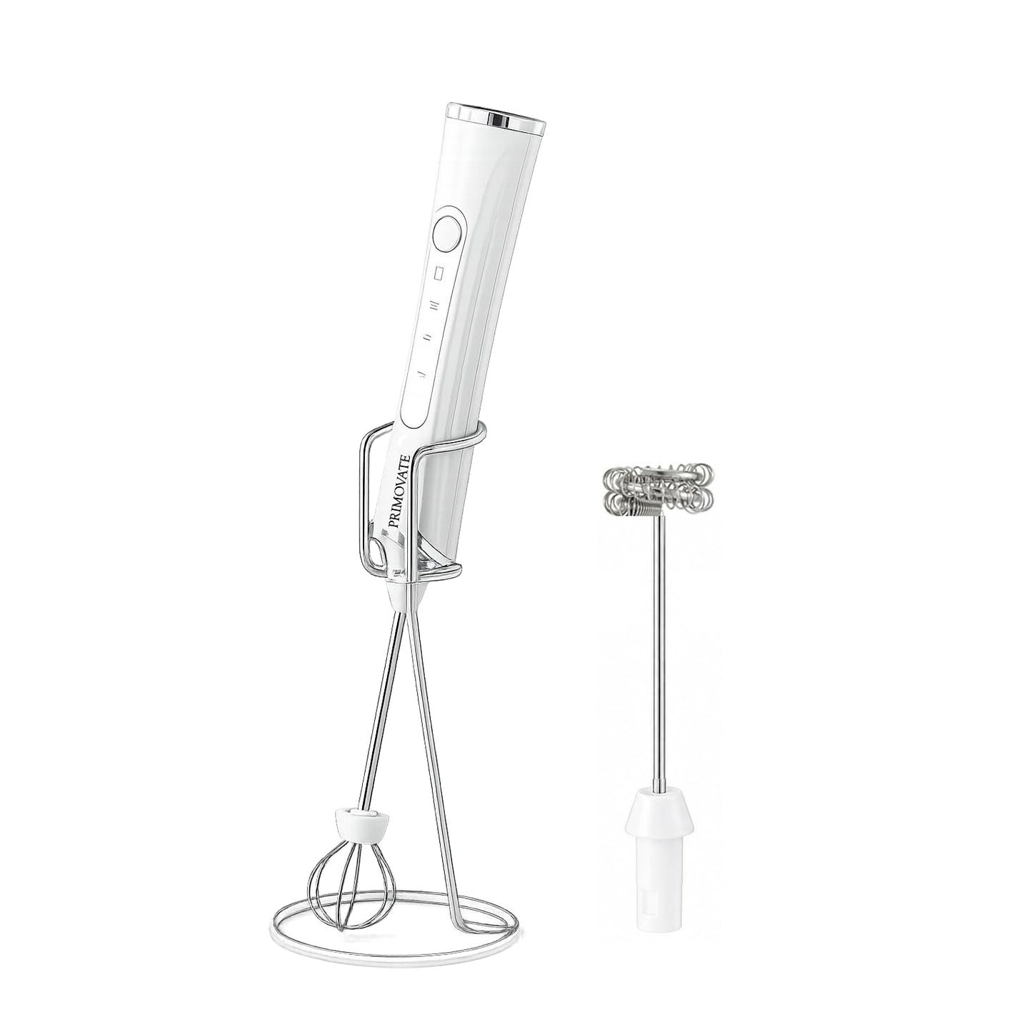 PRIMOVATE Rechargeable Milk Frother Handheld, Electric Coffee Frother with 2 Whisk, 3-Speed Powerful Drink Mixer, USB-C, Milk Foamer for Coffee,Latte,Cappuccino,Matcha & HotChocolate(White + Stand)