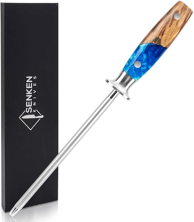 SENKEN Professional Emery Knife Sharpening Steel - Incredibly Strong Emery Rod for Sharpening & Honing Knives Up to 63 HRC Including All Damascus Knives (Smoothly Finished Wood)