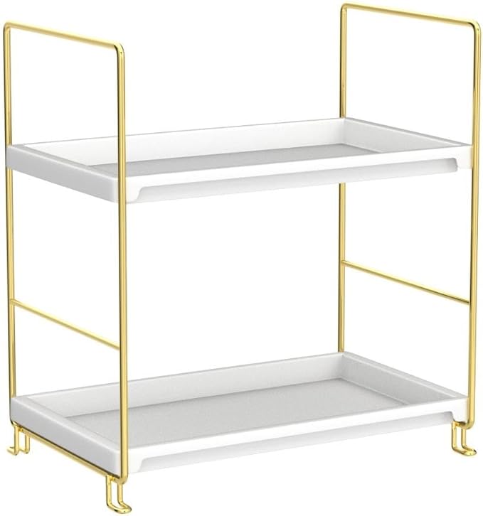 FSyueyun 2-Tier Bathroom Countertop Organizer, Tool-Less Premium Plastic Makeup Organizer - Bathroom Tray for Perfume, Skincare, Cosmetics on Dresser, or Bedroom(White and Gold)