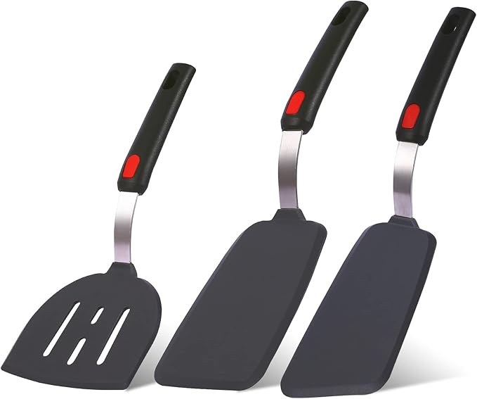Hvanam Silicone Spatula Turner Heat Resistant 600°F 3 Piece Set Non Scratch Flexible Slotted and Solid Thin Rubber Spatula Flipper for Cooking Pancake,Egg,Fish,Burger,Steak for Nonstick Cookware,Red