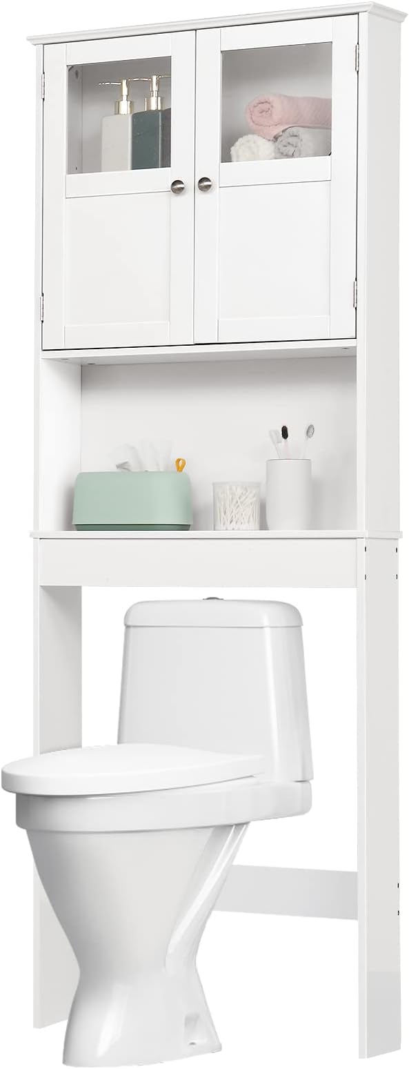Bonnlo Over The Toilet Storage Cabinet with Adjustable Shelf White Bathroom Floor Organizer Space Saver with Double Doors, 67" Height