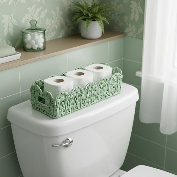 Green Toilet Basket,2 Pack Scalloped Wicker Basket for Shelves,Both Storage and Decor,Small Toilet Paper Baskets for Tank Topper,Countertop,Rectangle