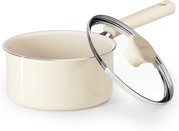 Redchef Ceramic Nonstick Saucepan with Lid, 2.5QT Small Cooking Pot, Non Toxic Sauce Pans for Kitchen, Cool Handle PFAS Free Compatible with All Cooktops, White