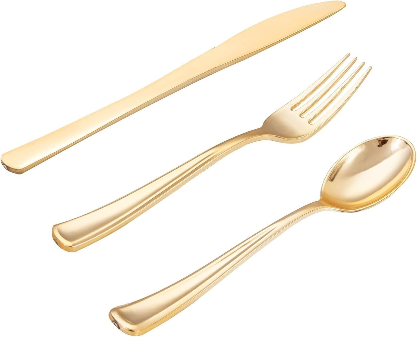 WDF300 Pieces Gold Plastic Silverware - Heavy Duty Disposable Cutlery Set Plastic Gold Silverware Set Includes 100 Forks, 100 Spoons, 100 Knives for Party/Baby Shower/Wedding/Birthday