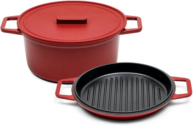Misen 7 QT Enameled Cast Iron Dutch Oven - Chip-Resistant Enamel Coating - Thick Iron Core For Heat Retention - Large Cooking Surface - Oven Safe, Induction Compatible - Grill and Silicone Lid, Red