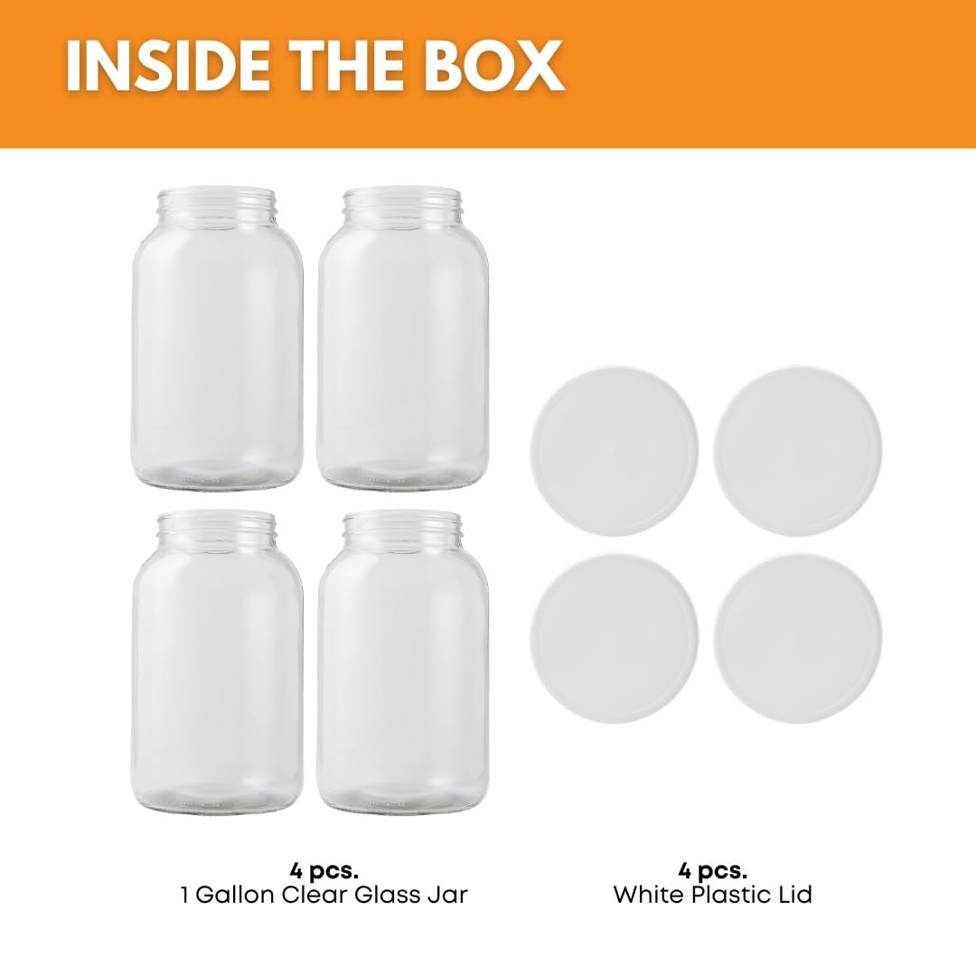 4-Pack 1 Gallon Glass Jar with Lid | Wide Mouth Food Storage Canisters