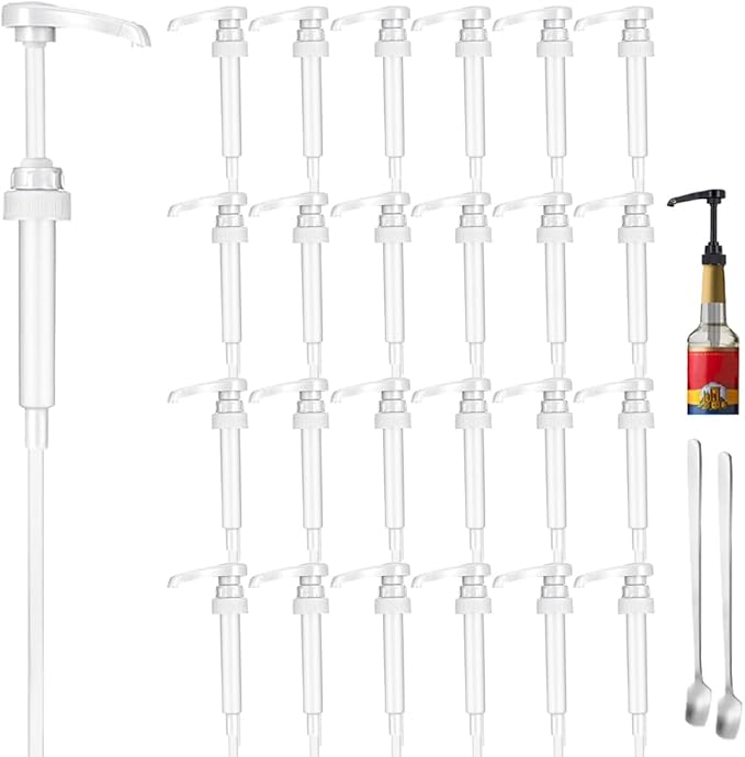 25 Pcs White Syrup Pump Dispenser, Compatible with 25.4 Oz/750ml Bottles, Great for Home & Coffee Bar Drinking Mixes, Tea, Beverage, Cocktails, Plus Spoons