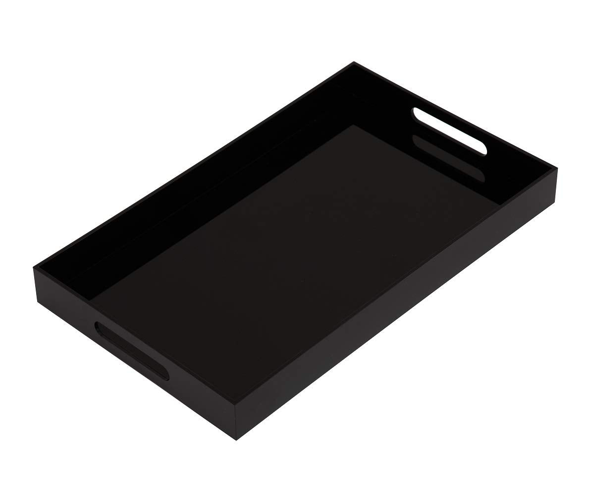KEVLANG Glossy Black Sturdy Acrylic Serving Tray with Handles-10x10Inch-Serving Coffee,Food,Breakfast,Butler-Kitchen Countertop Tray-Makeup Drawer Organizer-Vanity Table,Ottoman Tray-Decorative Tray