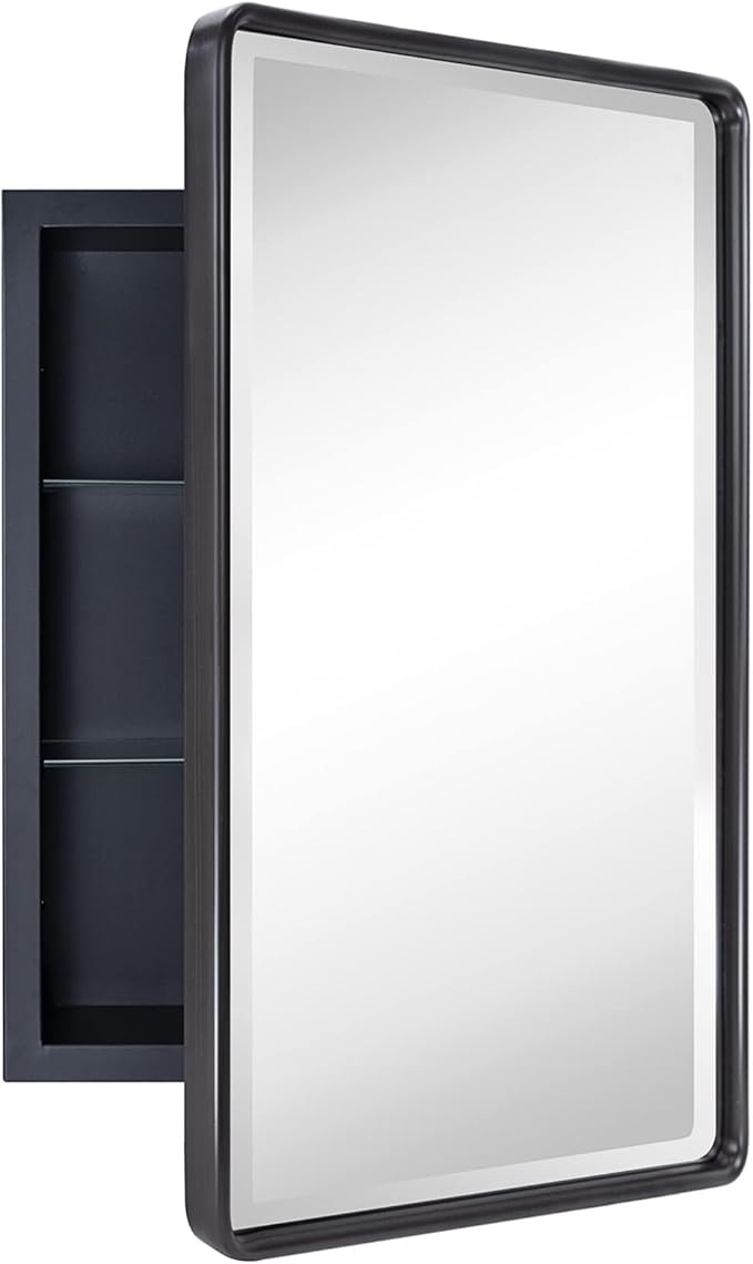 TEHOME Farmhouse Oil Rubbed Bronze Recessed Bathroom Medicine Cabinet with Mirror Rounded Rectangle Metal Framed Medicine Cabinet with Beveled Mirror 16x24''