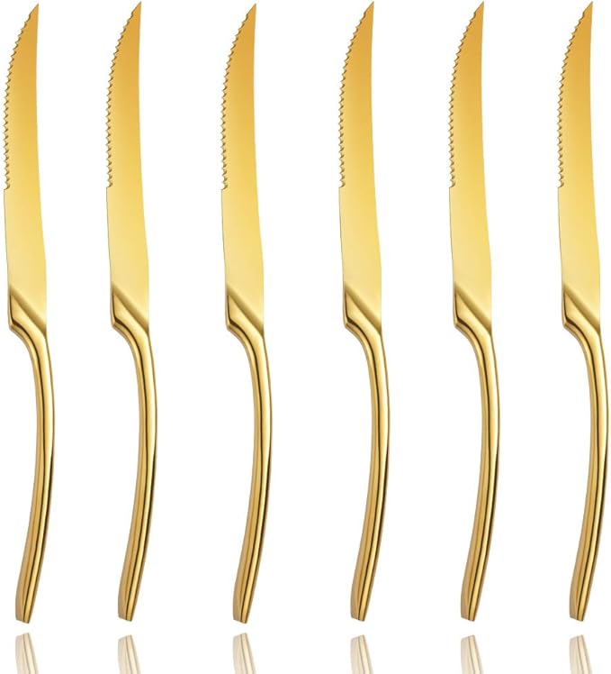 Lemeya Stainless Steel Steak Knives Set of 6,Forge Steak Knife,Serrated Steak Knives Set,6 Piece Heavy Steak Knives-10 inch,Mirror Polished,Dishwasher Safe (Black, 6 Pieces Set)