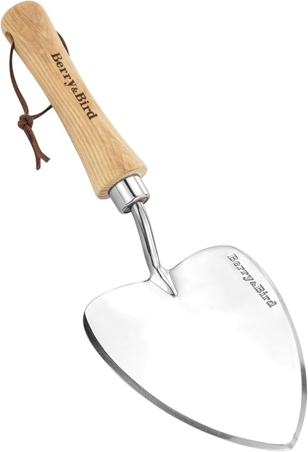 Berry&Bird Potting Trowel, Stainless Steel Serrated Hand Shovel, Wood Handle Garden Trowel Tool with Measuring Scale for Effortless Digging,Roots，Planting, Cutting and Transplanting