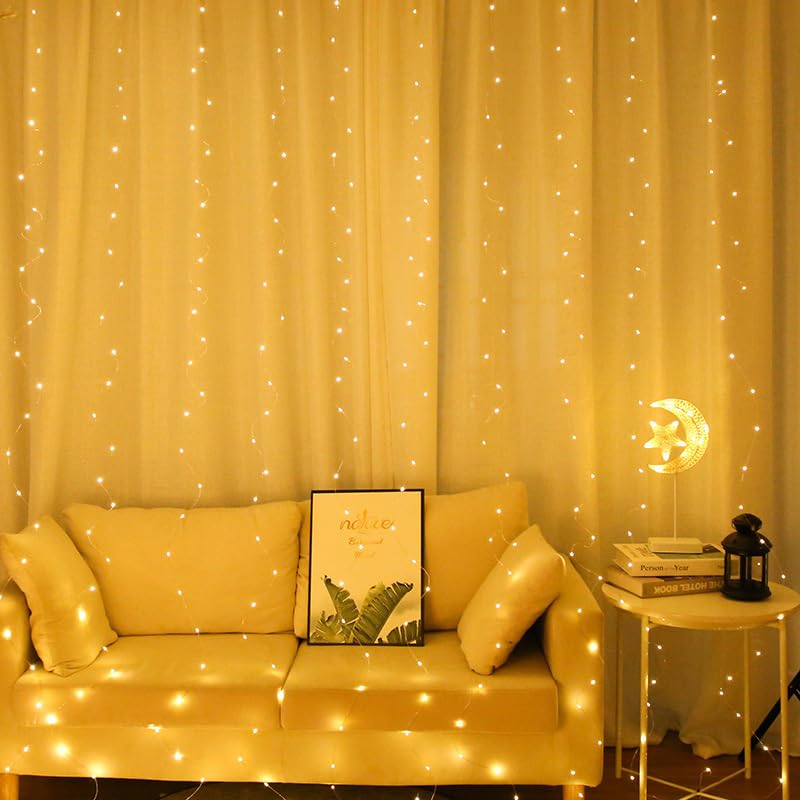 300 LED Curtain String Lights, Fairy String Lights with 8 Light Modes & Remote Controlled, 9.8x9.8ft Indoor Outdoor String Lights for Christmas, Weddings, Party, Bedroom, Wall, Window (Warm White)