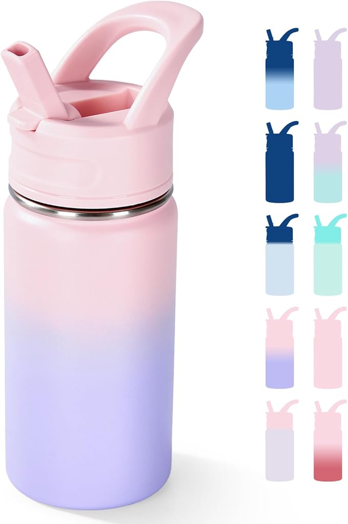 12oz Kids Water Bottle for School, Toddler Water Bottles with Straws, Insulated Water Bottles for Boys&Girls, Stainless Steel Vacuum Insulated Bottle for Kids, Leak-Proof, BPA-Free, Sugar Plum