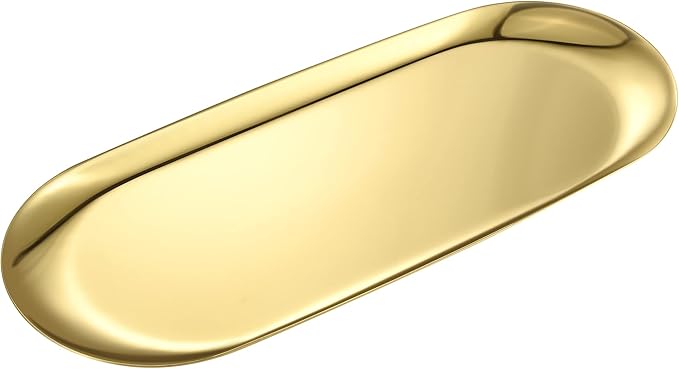 Gold Oval Vanity Tray, Stainless Steel Jewelry Tray, Bathroom Tray, Makeup Cosmetic Trays,Towel Napkin Tray, Storage Organizer,11.8 x 4.8 inches (LxW), Large