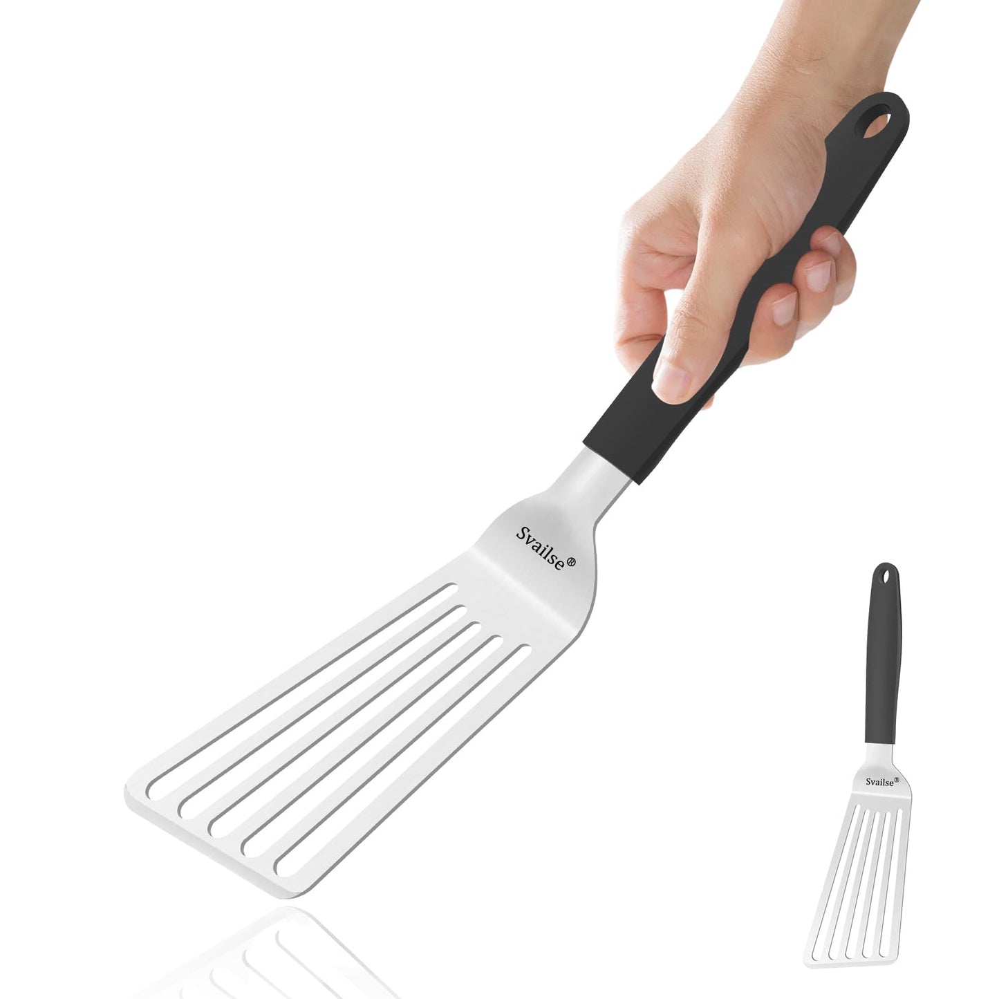Svailse Stainless Steel Fish Spatula, 11.3 inch Metal Spatulas for Cast Iron Skillet, Kitchen Turner with Silicone Handle for Cooking, Grilling, Flipping, Egg, Cookie, Pancake and Burger (Small)