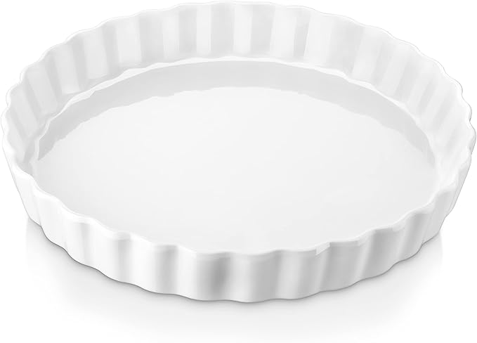 LOVECASA Porcelain Pie Pan Quiche Baking Dish,10 Inch Non-Stick Round Pie Dish Quiche Pan,Tart Pan with Ruffled Edge,Pie Plate for Apple, Quiche, Pot Pies, Tart,Set of 2, White