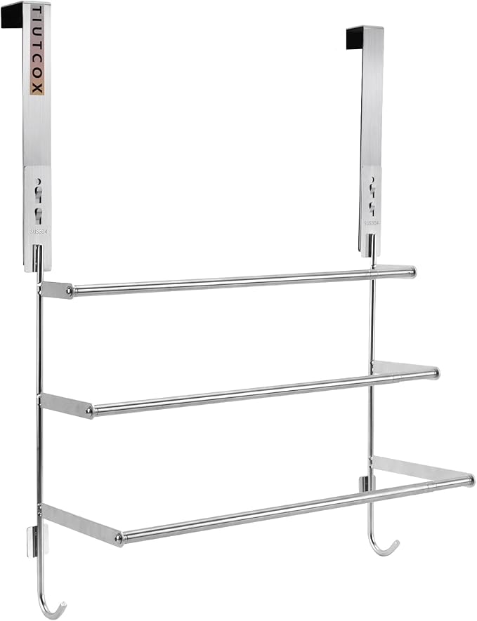 Over The Door Towel Rack, 304 Stainless Steel Towel Racks for Bathroom with 3-Tier Adjustable Pole, 2 Punch-Free Screw Stickers, 22.83 * 17.71-29.52 * 6.14 Inch, Red