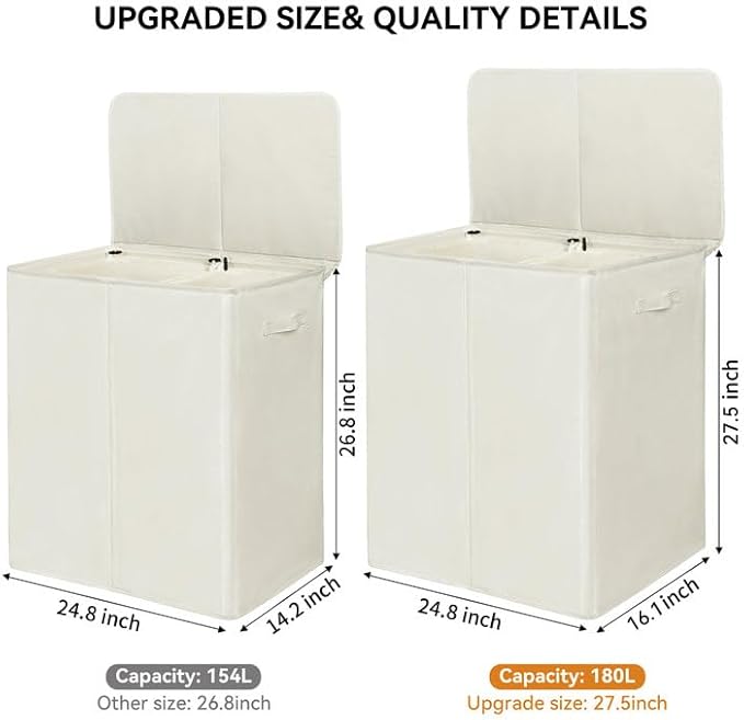 WOWLIVE 180L Double Laundry Hamper with Lid and Removable Laundry Bags, Large Dirty Clothes Hamper 2 section Collapsible Laundry Basket Dorm Room Storage for Bedroom, Bathroom, College,Beige