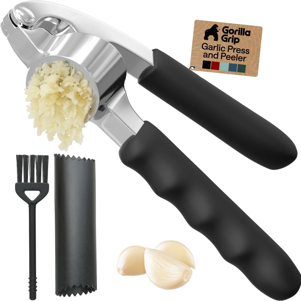 GORILLA GRIP Garlic Peeler and Press Set, Heavy Duty Mincer, Red