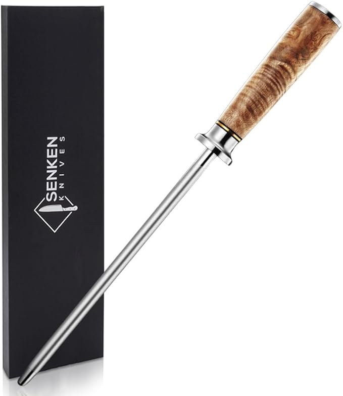 SENKEN Professional Emery Knife Sharpening Steel - Incredibly Strong Emery Rod for Sharpening & Honing Knives Up to 63 HRC Including All Damascus Knives (Smoothly Finished Wood)