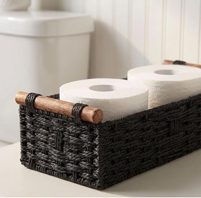 Back of Toilet Basket, Black Toilet Tank Basket for Toilet Paper Storage (Holds 2 Rolls), Paper Rope Wicker Storage Bin with Wooden Handles for Toilet Top, Over Toilet Shelf, Bathroom Counter