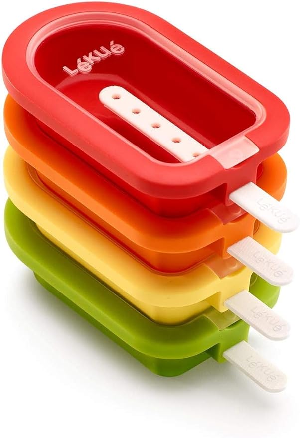 Lékué Set of 4 Iconic Popsicle & Ice Cream Molds + Sticks & Lids | Fun Shape Homemade Freezer Ice Pops | Flexible Platinum Silicone for Easy Fill & Unmold | Reusable & Dishwasher Safe| Multicolor