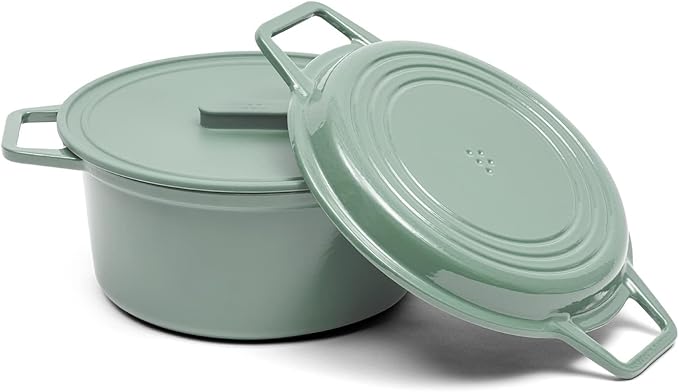 Misen 7 QT Enameled Cast Iron Dutch Oven - Chip-Resistant Enamel Coating - Thick Iron Core For Heat Retention - Large Cooking Surface - Oven Safe, Induction Compatible - Grill and Silicone Lid, Red