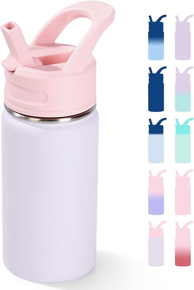 12oz Kids Water Bottle for School, Toddler Bottles with Straws, Stainless Steel Vacuum Insulated Water Bottle for Boys&Girls, Leak-Proof, BPA-Free, Luck