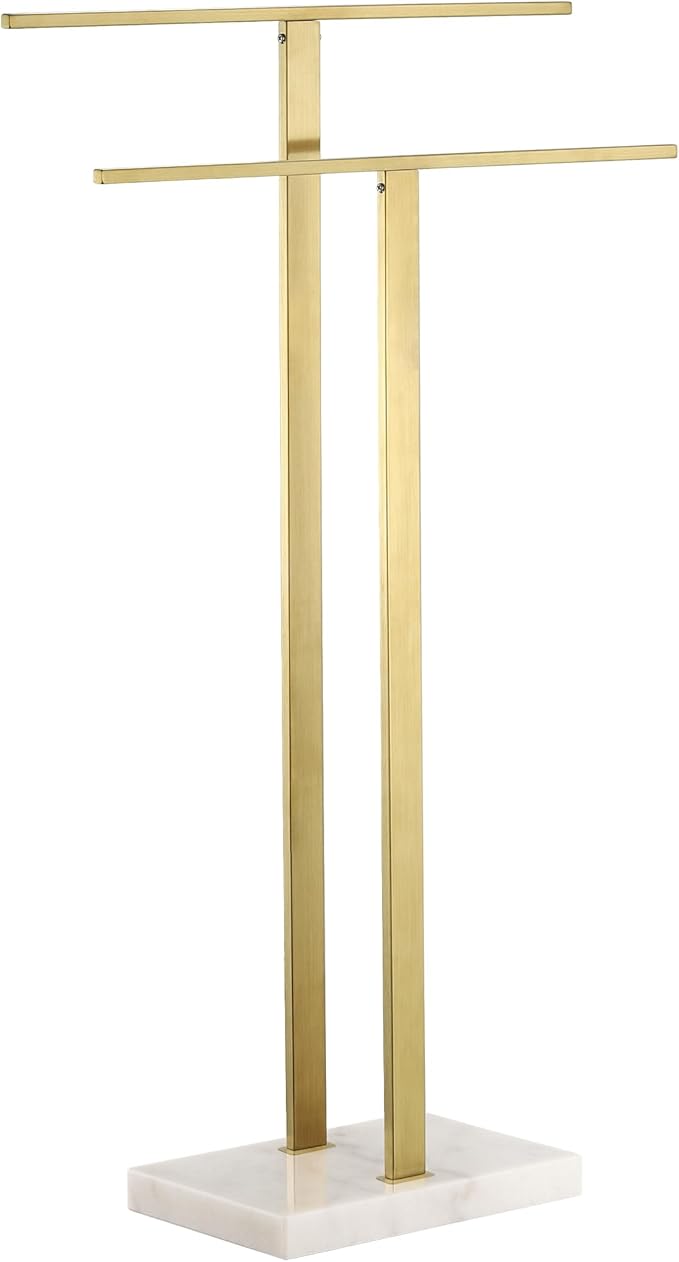 KES Standing Towel Rack with Marble Base, 2-Tier Towel Stand for Bathroom Floor, Upgrade Steady Design, T-Shaped Towel Drying Rack Gold, SUS304 Stainless Steel, Brushed Gold Finish, BTH217-BZ