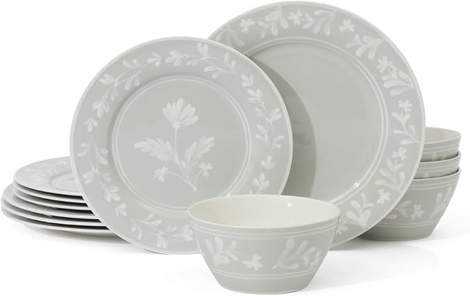 Martha Stewart Dinnerware Set- Maiden Crown 12-Piece Sky Blue Dishes – New Bone China Ceramic Plates & Bowls – Floral Design – Service for 4 – Microwave & Dishwasher Safe