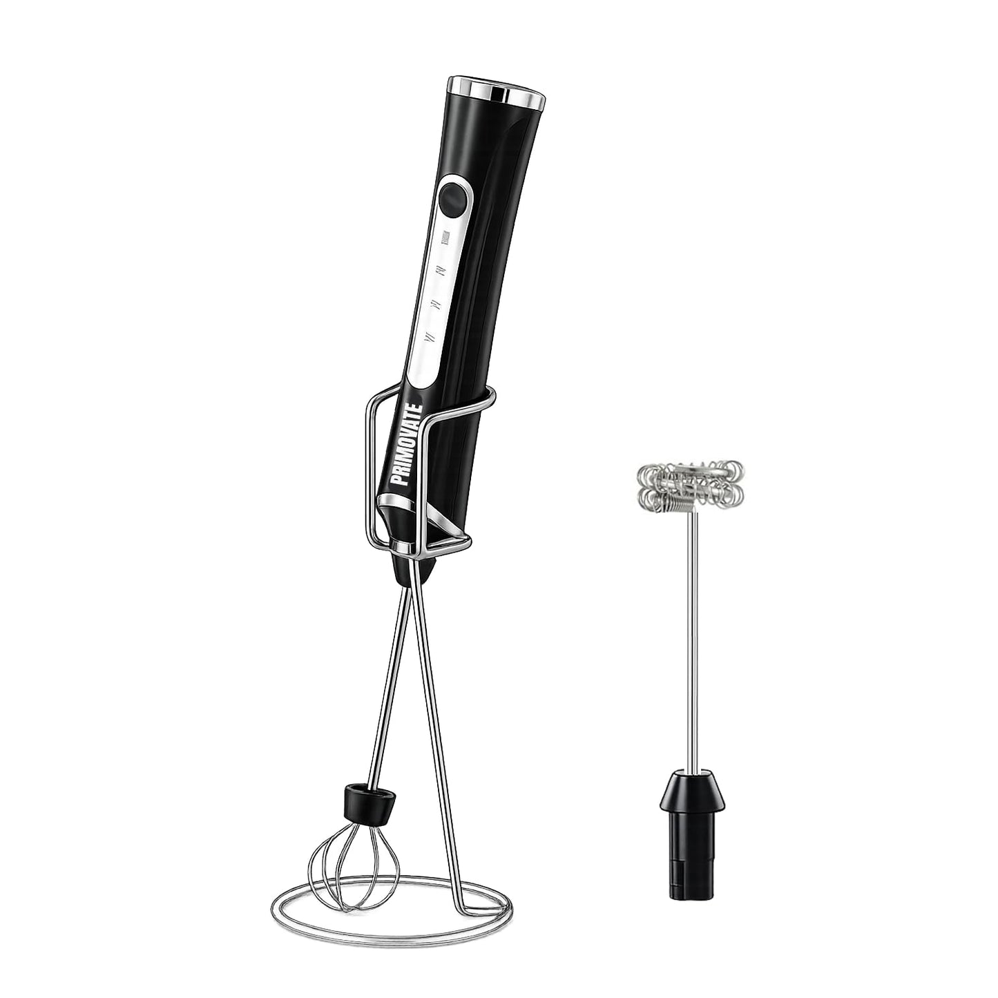 PRIMOVATE Rechargeable Milk Frother Handheld, Electric Coffee Frother with 2 Whisk, 3-Speed Powerful Drink Mixer, USB-C, Milk Foamer for Coffee,Latte,Cappuccino,Matcha & HotChocolate(White + Stand)