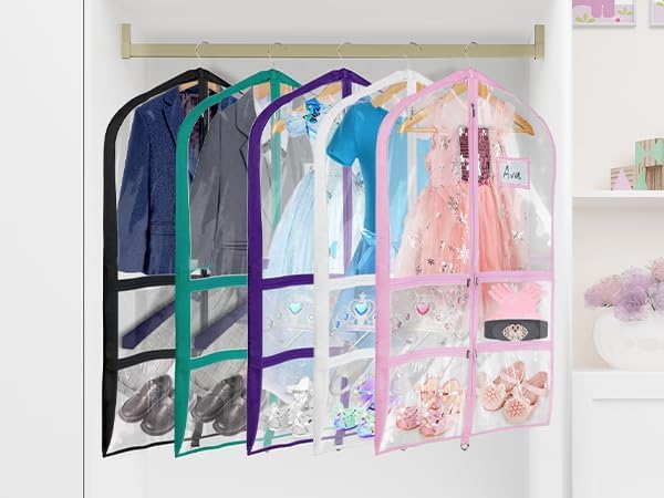 Univivi Clear Black PVC Dance Costume Bags (3 Pack) Garment Bag 40 Inch for Dance Competitions, with 4 Medium Clear Zipper Pockets and 1 Large Back Zippered Pocket [Upgraded Version]