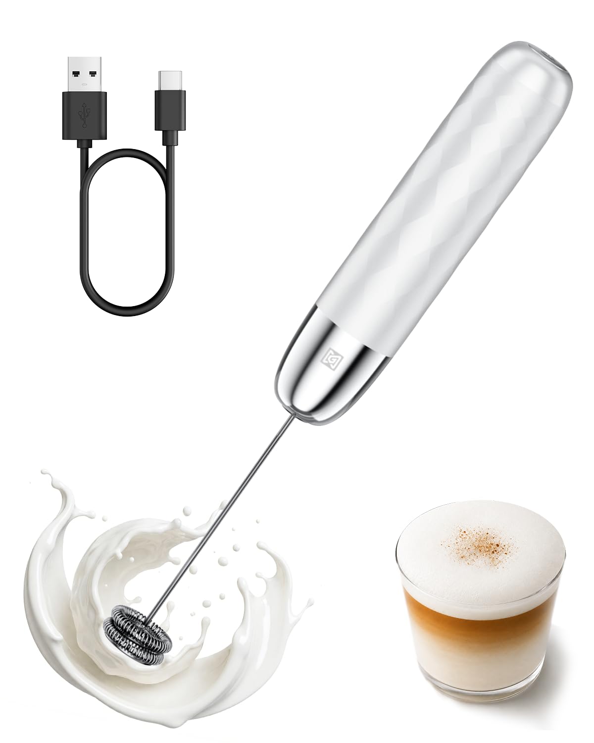 Maestri House Rechargeable Milk Frother, Handheld Electric Foam Maker Detachable Stainless Steel Whisk Drink Mixer Foamer Mini Blender for Matcha, Lattes, Cappuccino, No Stand (White and Silver)