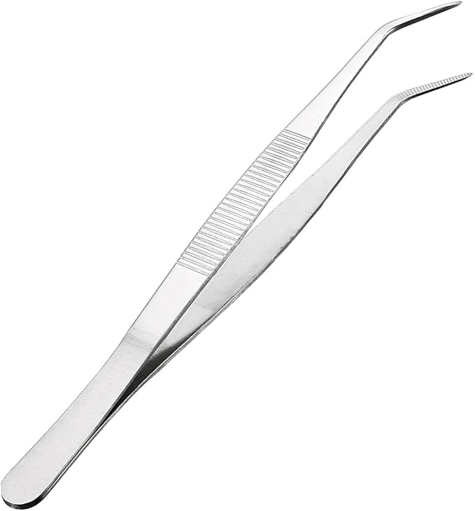 uxcell 5-Inch Stainless Steel Tweezers with Curved Pointed Serrated Tip