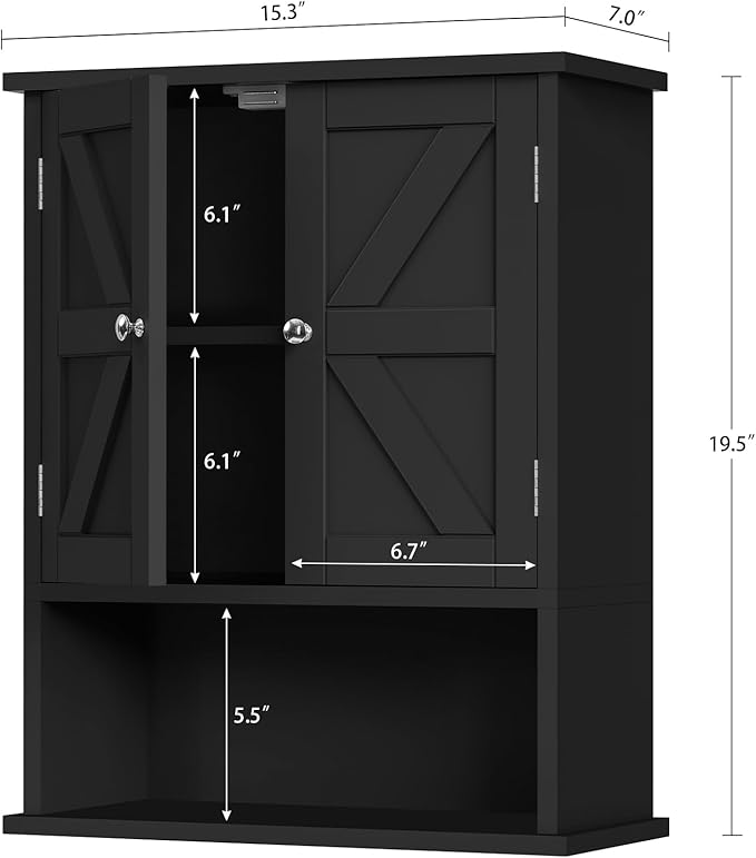 TEENFON Bathroom Wall Cabinet, Over The Toilet Space Saver Storage Cabinet with Barn Doors & Adjustable Shelf, Hanging Medicine Cabinet, Black UNGGX003HV1