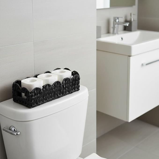 Black Toilet Basket,Scalloped Wicker Basket for Toilet Paper Storage,Small Slim Storage Baskets for Shelf,Bedroom,Living Room,Rectangle