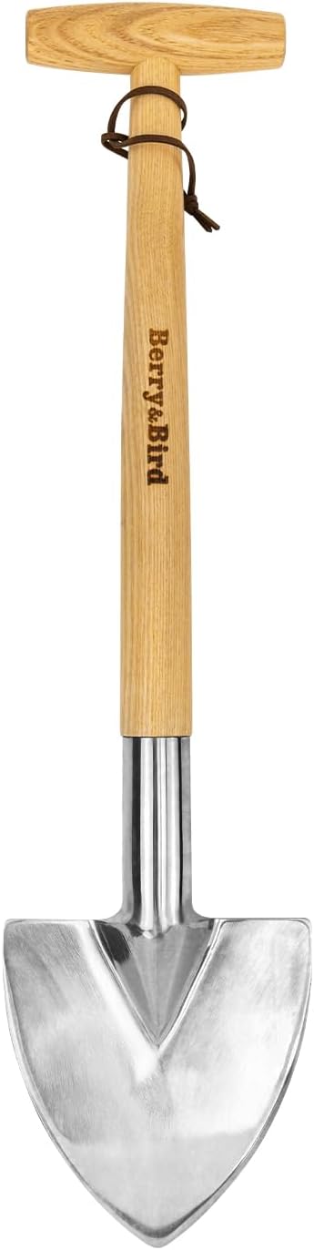 Berry&Bird Potting Trowel, Stainless Steel Serrated Hand Shovel, Wood Handle Garden Trowel Tool with Measuring Scale for Effortless Digging,Roots，Planting, Cutting and Transplanting