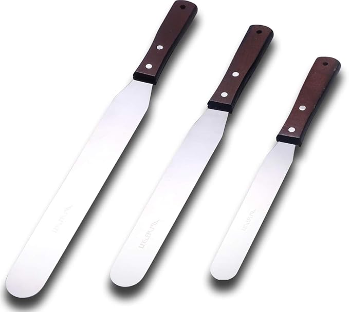 Cake Decorating Angled Icing Spatula Set of 6 8 & 10 Inch Wooden Handle Stainless Steel Offset Frosting Spatulas