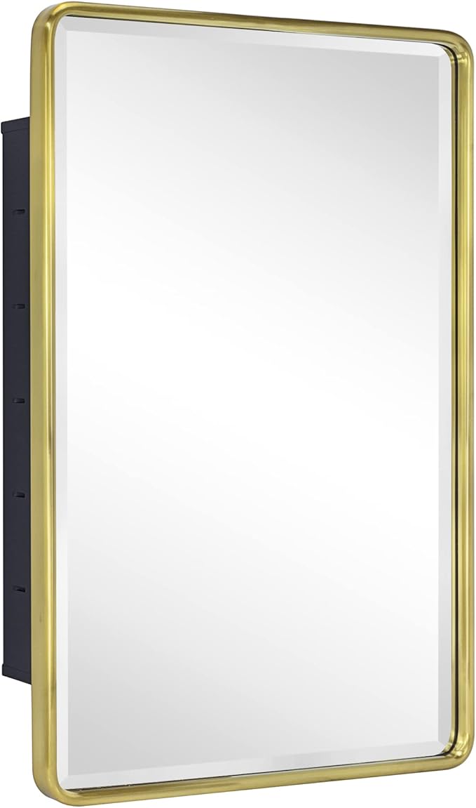 TEHOME Farmhouse Brushed Gold Metal Framed Recessed Bathroom Medicine Cabinet with Mirror Rounded Rectangle Medicine Cabinet with Beveled Mirror 16x24''