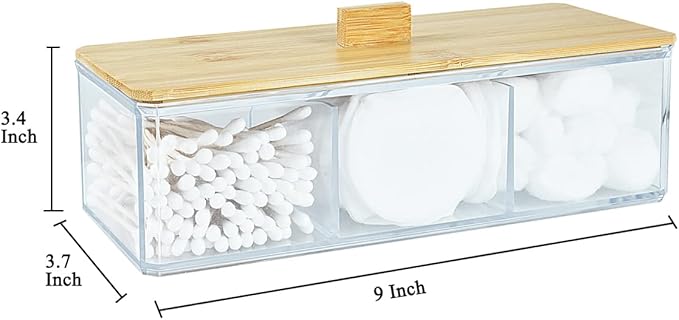 Acrylic Qtip Dispenser with Wood Lid - 3 Compartment Bathroom Organizer for Q Tip, Cotton Swab and Cotton Pad Holder, Vanity Storage Organization for Countertop and Drawer