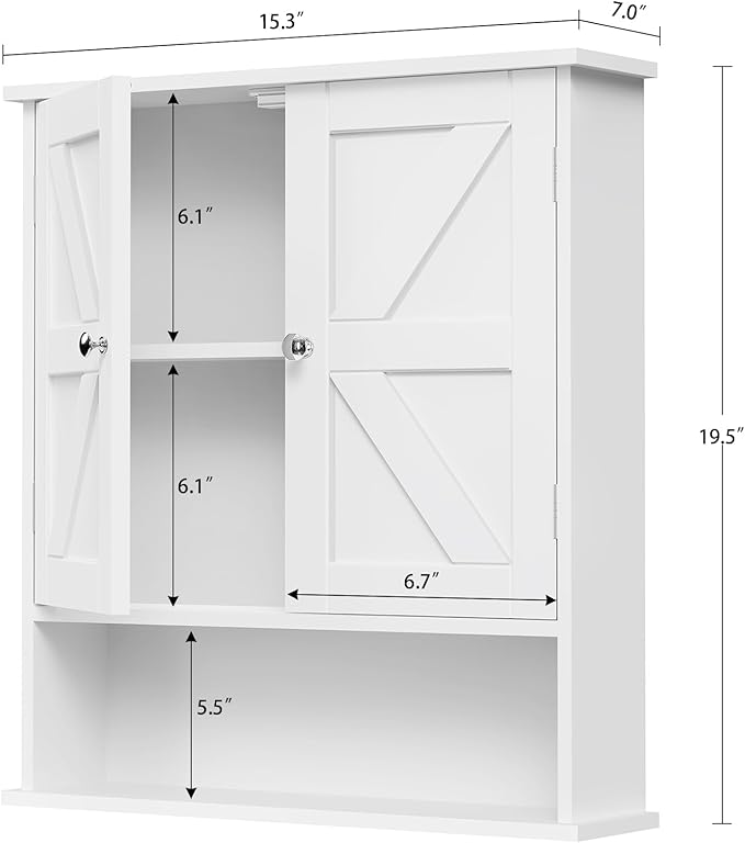 TEENFON Bathroom Wall Cabinet, Over The Toilet Space Saver Storage with Barn Doors & Adjustable Shelf, Hanging Medicine Cabinet, White 7.1" D x 15.4" W x 19.3" H