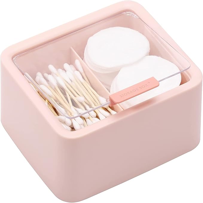 Tecbeauty 2pcs Qtips Holder - Middle Divider Cotton Pads Storage Dispenser Bathroom Organizer with Clear Hinged Lids for Cotton Balls Swabs Rounds-White & Pink