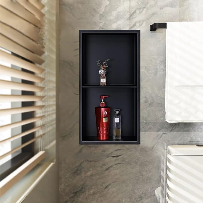 Neodrain No Tile Shower Niche Insert Tile Ready, Black Recessed Wall Niche for Shower Organizer(Inner Size 12"x24") - Stainless Steel Built-in Bathroom Shelf, No Tile Needed, Matte Black